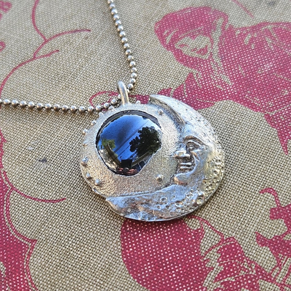 Vintage 1994 R. Wheeler Artisan Moon Celestial Pendant Necklace Glass Pewter